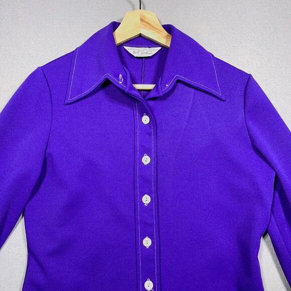 VTG NRC Fashions Blouse Women Purple Dagger Collar Button Up 60s 70s Mod MCM - Picture 2 of 14